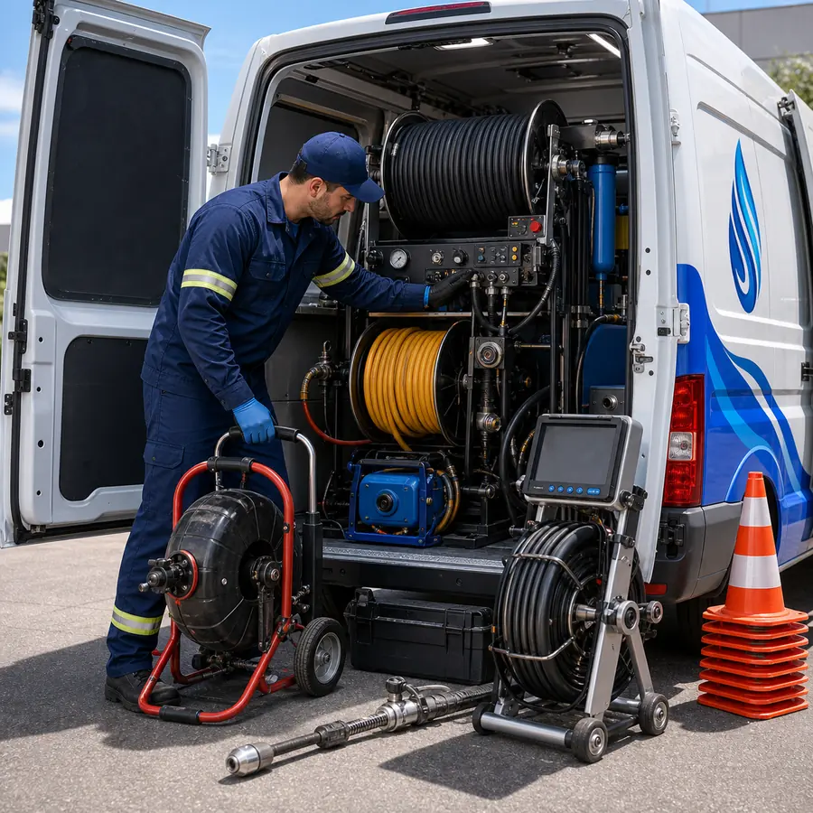Equipamentos profissionais de desentupidora organizados